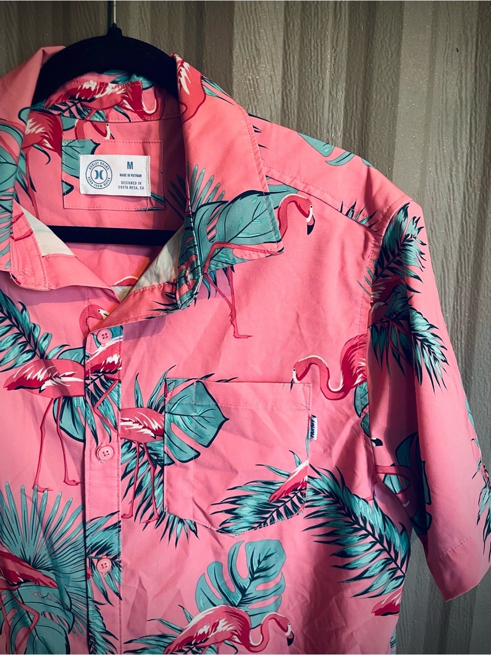 Hurley Pink Flamingo Shirt Palm Stretch HawaiianCamp Button Men's Oversize M